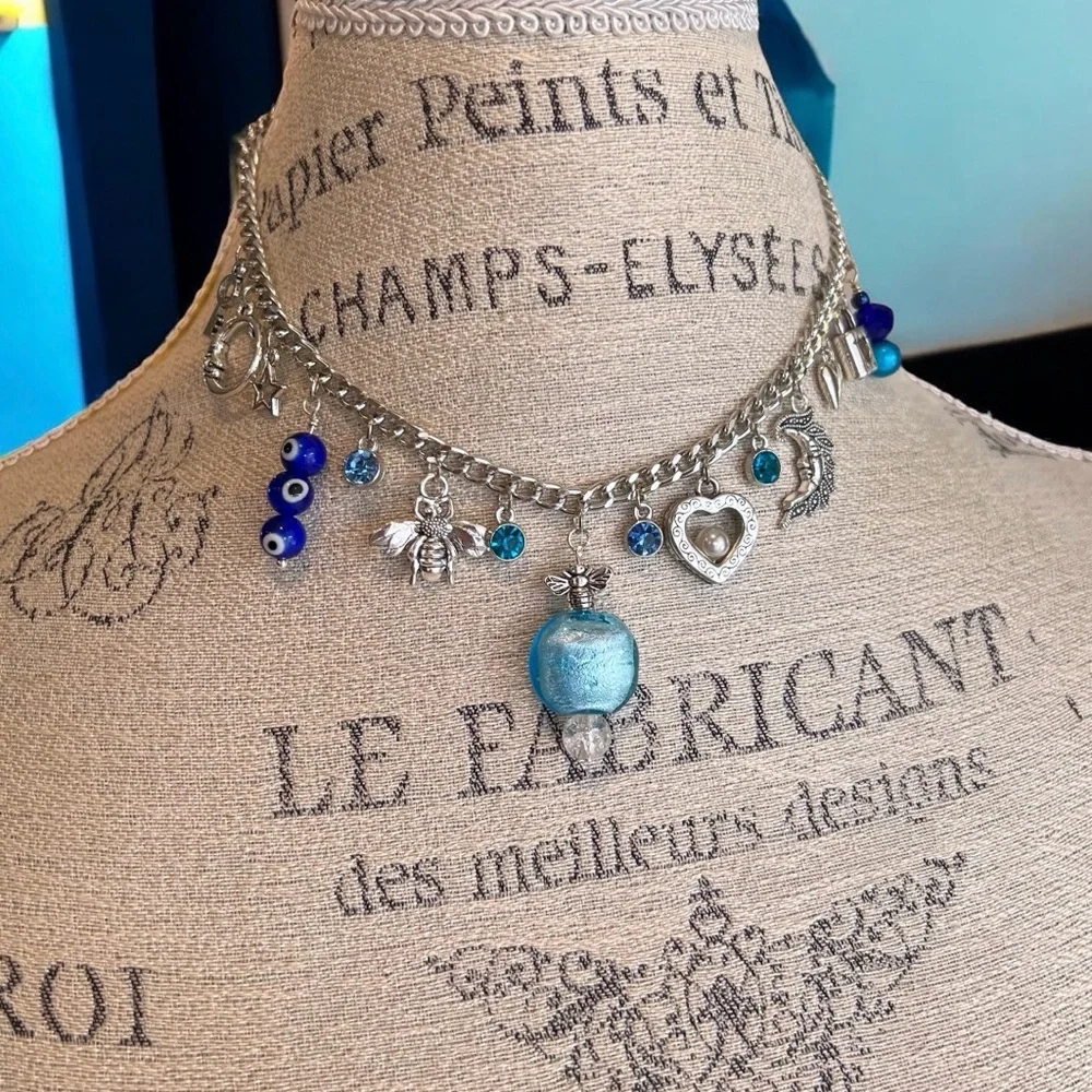 Fun and Pretty Silver and Blue Toned Charm Necklace Vintage and New Charms